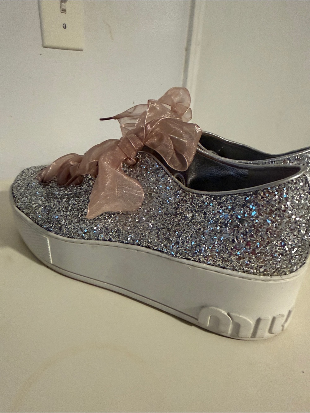 Miu Miu Silver Glitter Platform Sneakers with Pink Ribbon